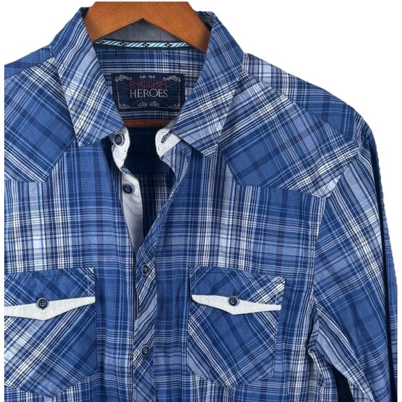 English Hero Mens Large Short Eminence Blue Button Up Geometric Cuff Pocket Rock - Picture 1 of 10